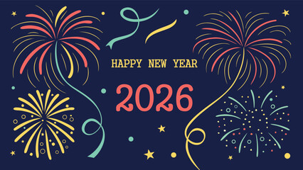 Happy New Year 2026 cityscape fireworks graphic design
