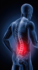 Render of a man's translucent back with a highlighted spine and red area indicating pain in the lower back region. Blue gradient backdrop