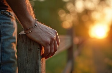Man hand with silver bracelet rests on wooden fence at sunset. Warm golden hour light. Casual denim attire. Rural outdoor setting. Latin American male fashion accessory.