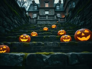 A dark stone staircase illuminated by carved jack-o'-lanterns. The pumpkins have grinning faces and are scattered along the steps leading to a large, eerie house.