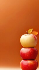 Stack of red and yellow apples with leaf on top against warm orange background, minimalist autumn fruit banner with copy space