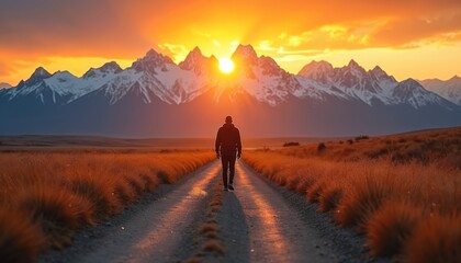 Solitary figure walks dirt road toward vibrant sunset, snow-capped mountains. Warm golden, orange light illuminates expansive landscape. Represents journey, solitude, adventure, peaceful exploration