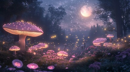 Enchanted forest at night with glowing mushrooms and magical moonlight illuminating the trees