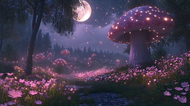 Enchanted forest at night with glowing pink mushrooms and a full moon