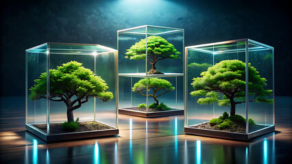 Bonsai trees growing inside glowing transparent glass terrarium fantasy miniature garden concept with magical lighting