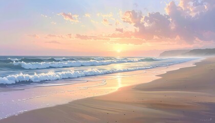 Fototapeta premium A serene beach scene at sunset, featuring gentle waves and a pastel-toned sky, showcasing the beauty of nature.
