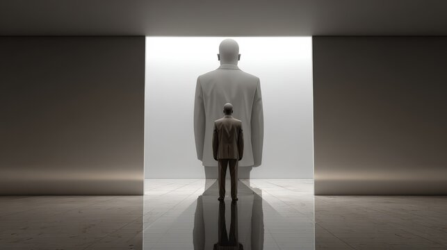 A man in a suit standing with his back to the viewer, facing a bright, illuminated doorway. A symbolize themes of ambition, overcoming challenges and self-discovery.