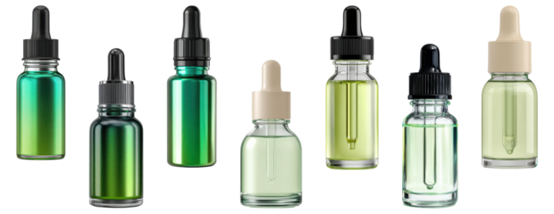 Glass dropper bottles for essential oil and serum.