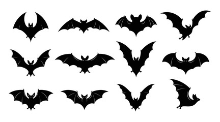 Black bat silhouettes perfect for Halloween designs, spooky themes, and creative projects
