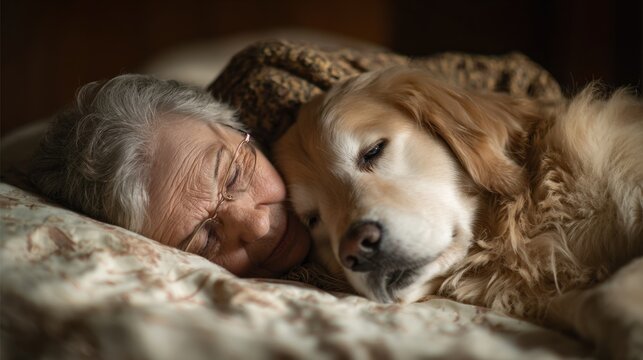 An elderly woman enjoys a serene nap in her bed, wrapped in a floral blanket while her golden retriever lies beside her, both sharing a moment of warmth and companionship
