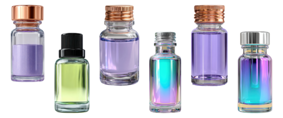 Collection of colorful skincare and cosmetic vials.