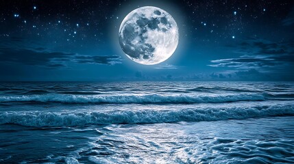 Full moon shining over a dark ocean with waves under a starry sky