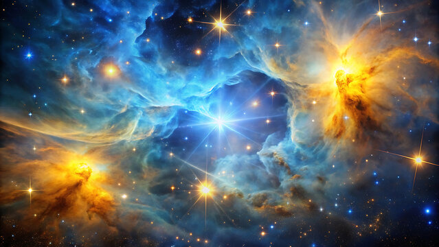 Cosmic nebula glowing with blue and gold stardust galactic fantasy space scene filled with glowing mystical atmosphere - Powered by Adobe