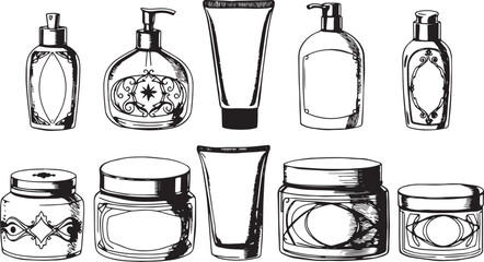 A set of cosmetic containers. Jars, vials, bottles, tubes. Hand drawn vector illustration