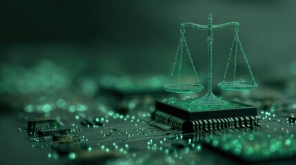 A golden scale of justice is placed atop a green circuit board, highlighting the relationship between legal principles and technological advancements in a digital age