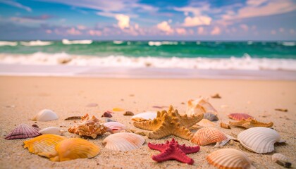 Seashells and starfish on sandy beach at sunset