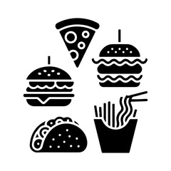 Collection of fast food icons including pizza burger taco fries and noodles for delicious food service and restaurant design elements vector