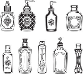 A set of cosmetic containers. Jars, vials, bottles, tubes. Hand drawn vector illustration