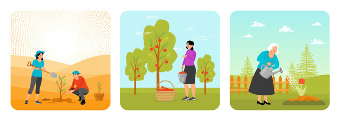 Couple Planting Tree. Woman Picking Ripe Apples. Elderly Woman Watering a Flower.