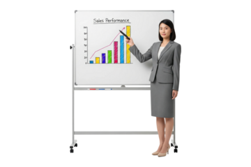 Businesswoman presenting a sales performance chart.