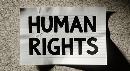 Obraz premium A piece of paper with human rights boldly written in black marker is affixed to a textured wall casting a distinct shadow