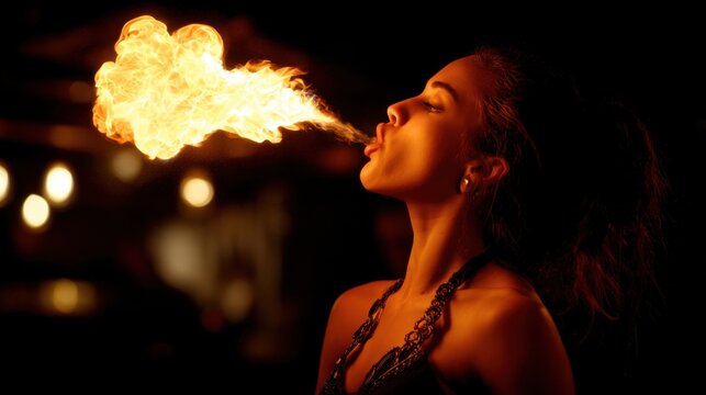 A fire breather stands confidently, exhaling flames into the night air during a vibrant outdoor festival, surrounded by glowing lights and an engaged audience.