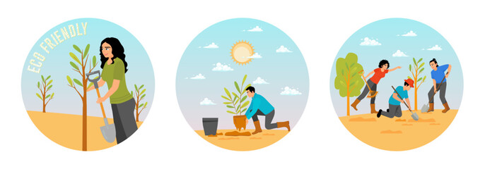 Volunteer girl plant trees. Gardener Man Holding and Planting a Tree. Improve the Environment.