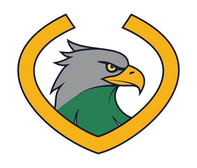 Gryphon head in a gold shield emblem for fantasy, gaming, and sports teams, representing strength and protection