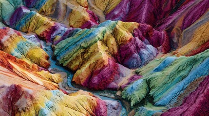Topographic aerial view of Rainbow Mountains
