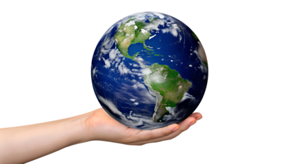 Woman holding planet Earth isolated on a transparent background globe hand