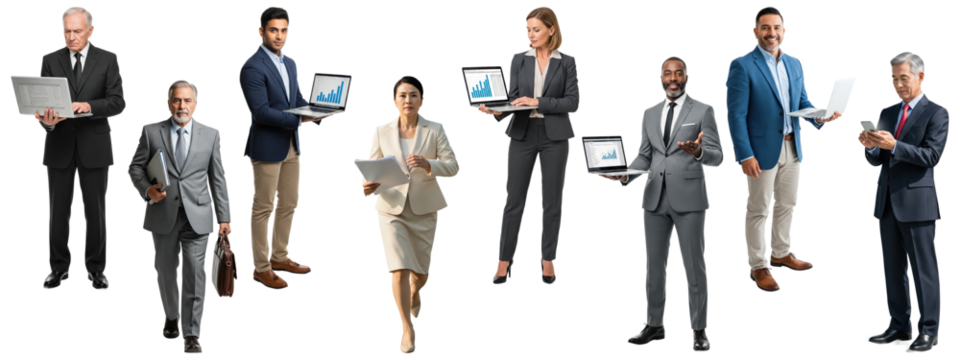 A diverse group of business people holding laptops and folders.