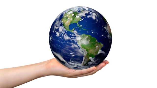 Woman holding planet Earth isolated on a transparent background globe hand