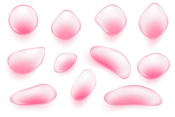 Pink water drops on white background. 3d jelly serum and cosmetic transparent oil. Liquid gel and cream for skincare. Vector soap bubbles of shampoo and shower gel.