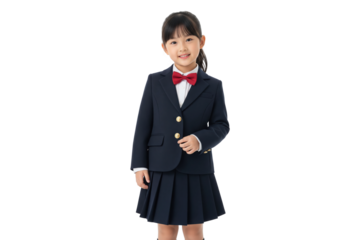 A happy young girl in a school uniform and bow tie.
