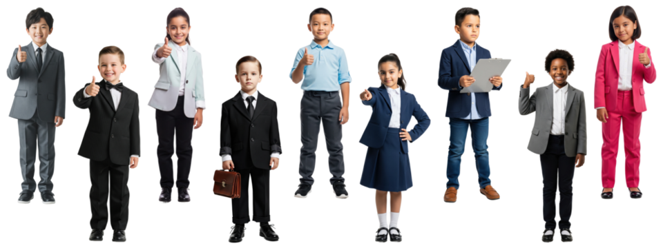 A diverse group of cheerful children in professional attire.