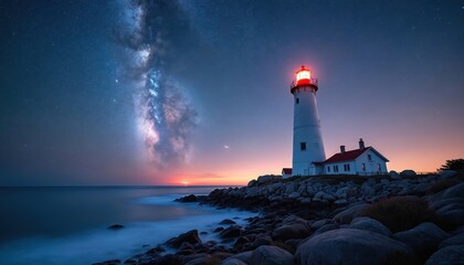 White lighthouse shines red beam across dark ocean at night. Milky Way galaxy visible in starry sky above rocky coast and calm sea. Coastal tower guides ships, symbolizing guidance, hope, safety.