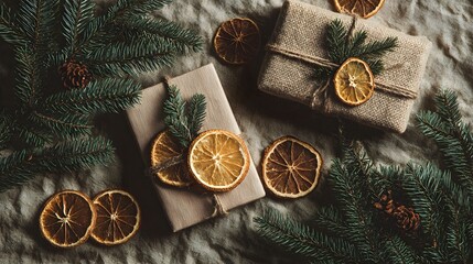 Top view of Christmas layout with two gifts