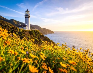 Lighthouse over wildflowers by the ocean