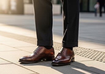 Photo of a closeup of a mans brown leather brogue shoes and dark trousers on a sidewalk, showcasing classic style and attention to detail