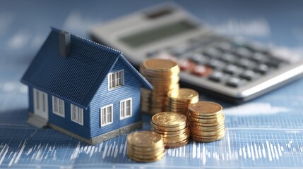 Miniature blue house model and stacks of gold coins on financial charts.