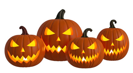 Fototapeta premium A group of four carved halloween pumpkins with scary faces, glowing from within, isolated on transparent background