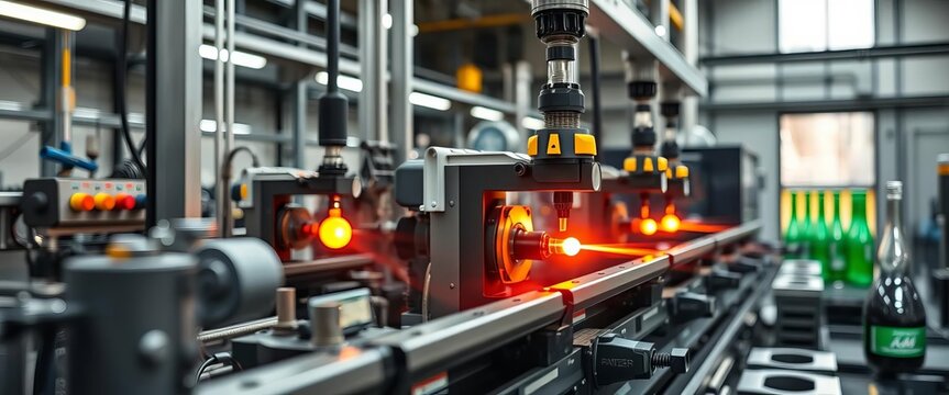Automated glassblowing machinery in a factory ,  plant,  production - Powered by Adobe