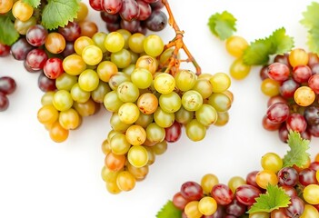 Clusters of fresh green and red grapes on pristine white background, green grapes, stock photo