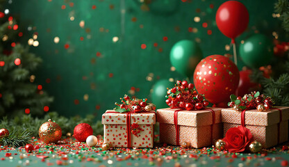 Green themed Christmas gift box and Christmas background image. Background material. Winter. Gifts. Presents. Celebrate.