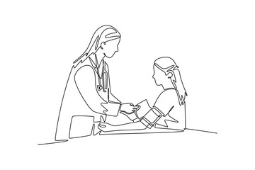 Doctor and patient concept. Single line draw design. Vector graphic illustration