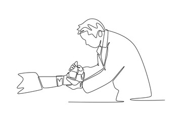 Doctor and patient concept. Single line draw design. Vector graphic illustration