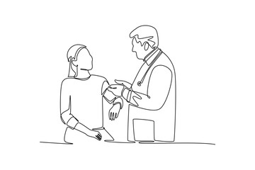 Doctor and patient concept. Single line draw design. Vector graphic illustration