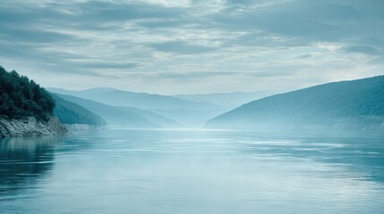 Fototapeta premium Misty river valley scene with tranquil water and hills.