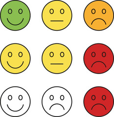 Emoticon face mood icons set happy neutral sad green yellow orange red scale vector