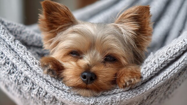 A small dog is lying comfortably in a soft, knitted hammock. Its ears perk up slightly as it enjoys a peaceful moment, surrounded by a warm indoor atmosphere.